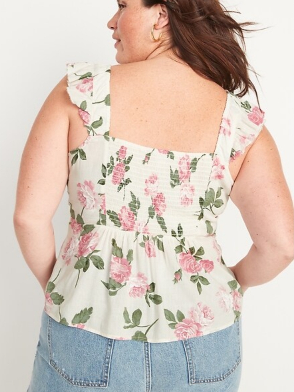 Old Navy cream floral rose print smocked bust ruffled flutter sleeve blouse - Picture 3 of 9